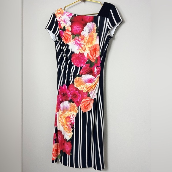 EUC Joseph Ribkoff Dress Multicolor Floral Striped Ruched Side Size 8 - Picture 4 of 11